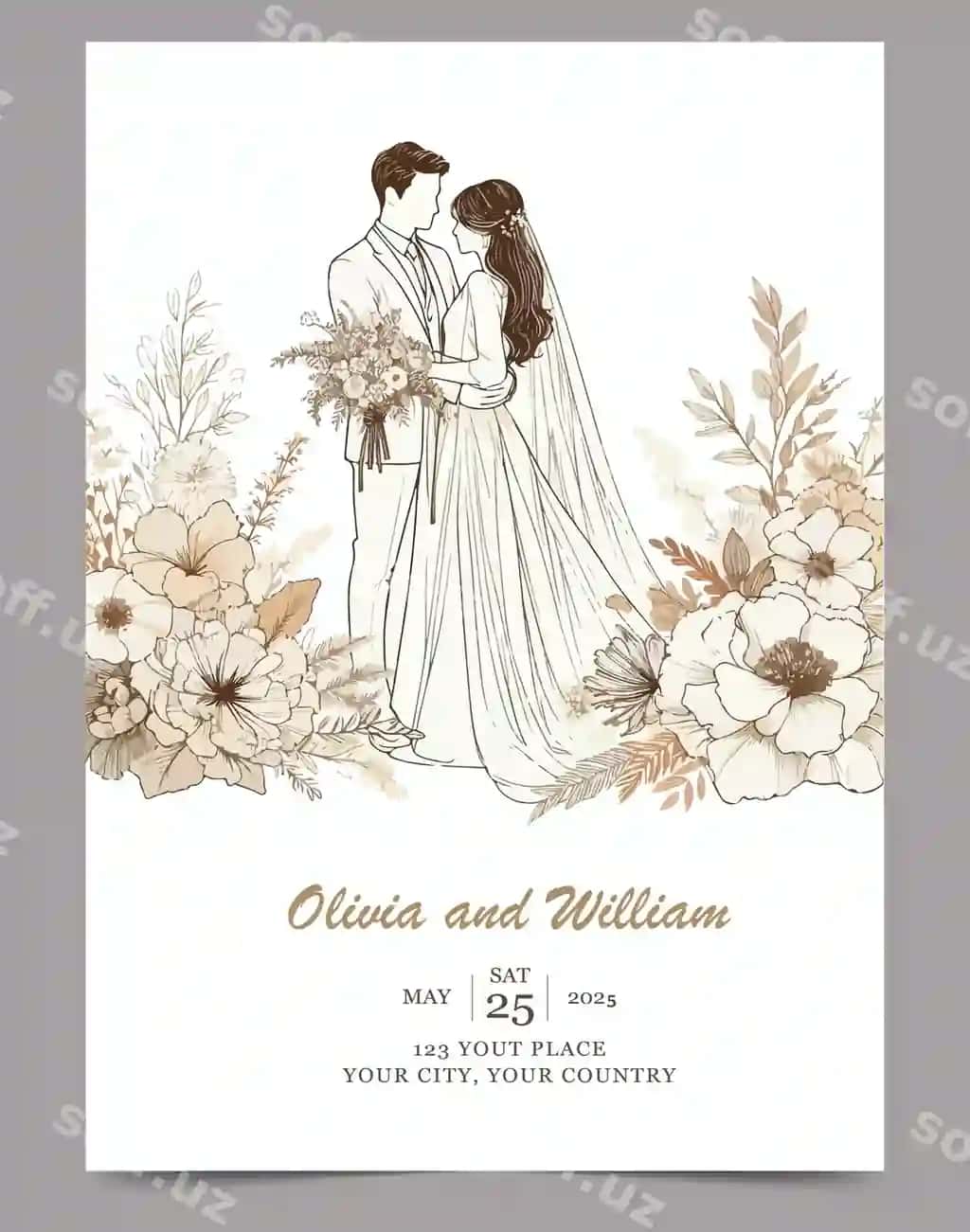 Turmali taklifnoma shabloni tekis dizayn | Wedding invitation card template flat design