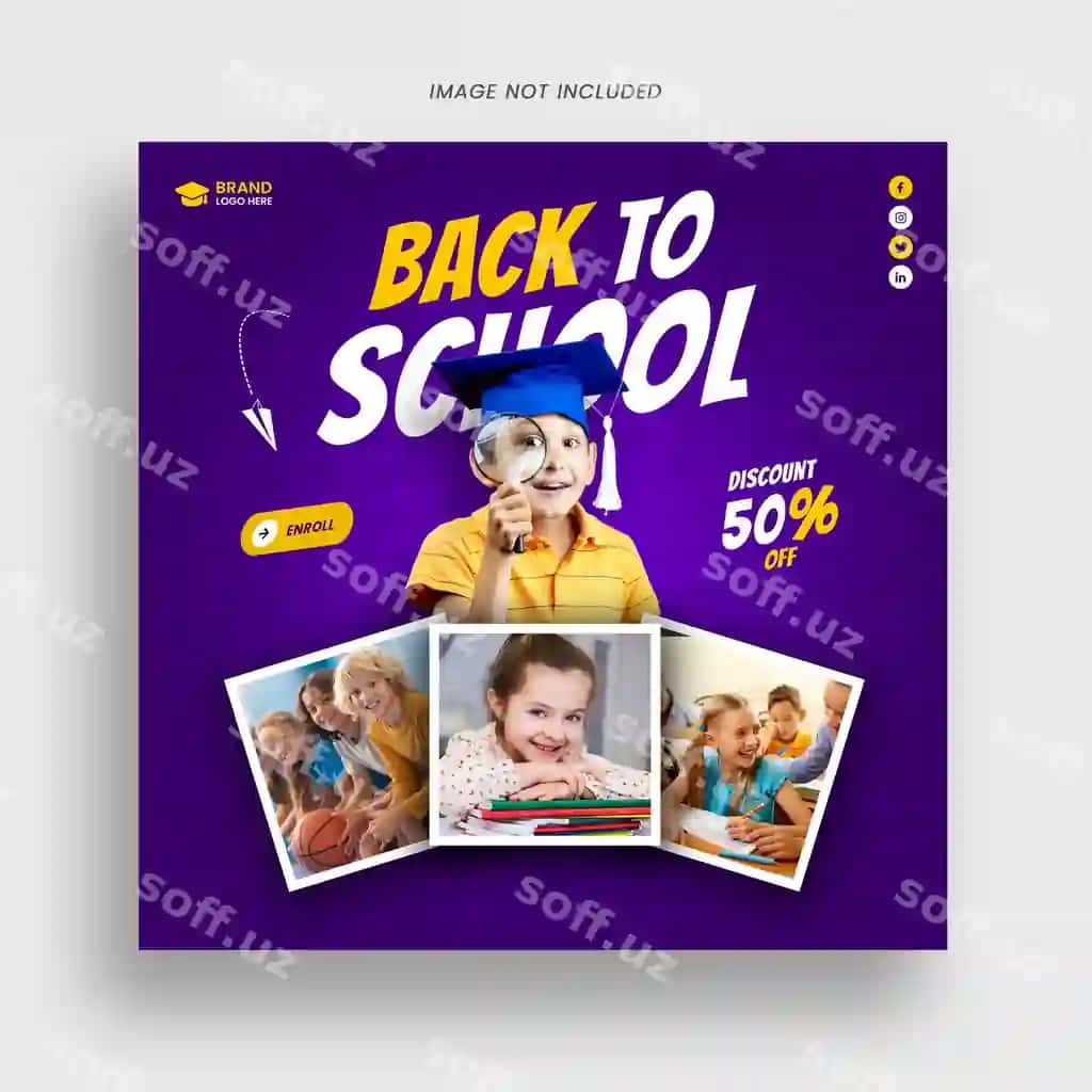 Maktab qabul sotsial media posti shablon PSD | School admissions social media post template psd