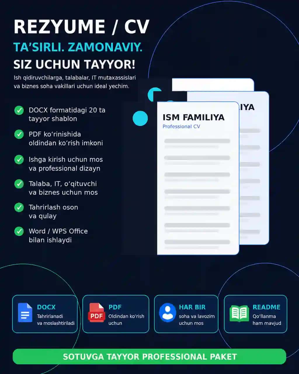 Rezyume va CV shablonlar paketi — 20 ta tayyor dizayn