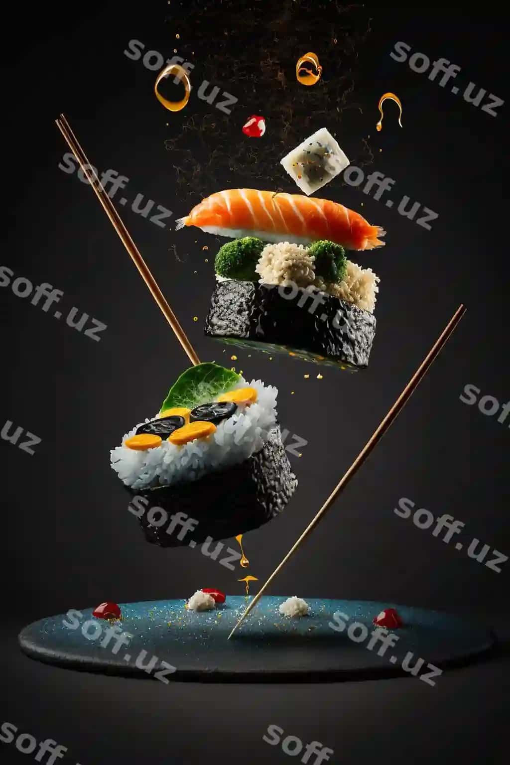 Sushi roll qismlari parvoz havo Yapon ovqati qora fond generativ AI | Sushi roll pieces flying air japanese food black background generative ai