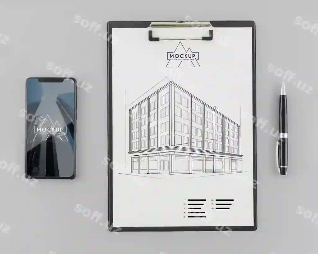 Yuqori ko'rinishdagi me'morchilik eskizi namuna bilan | Top view architecture sketch with mock up