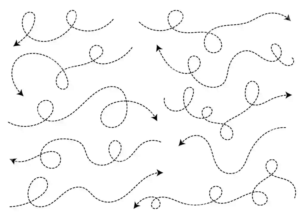 Qol bilan chizilgan nuqtali o'stir shakli, egilgan o'stir chizi, o'stir ikonasi to'plami | Hand drawn dotted arrow shape curved arrow line arrow icon collection