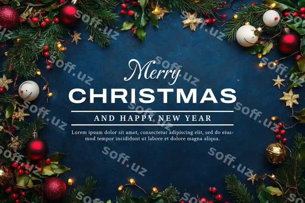 Christmas kartasi ko'k fonda yolkalar va Yangi yil elementlari bilan | Christmas card with christmas tree blue background with christmas