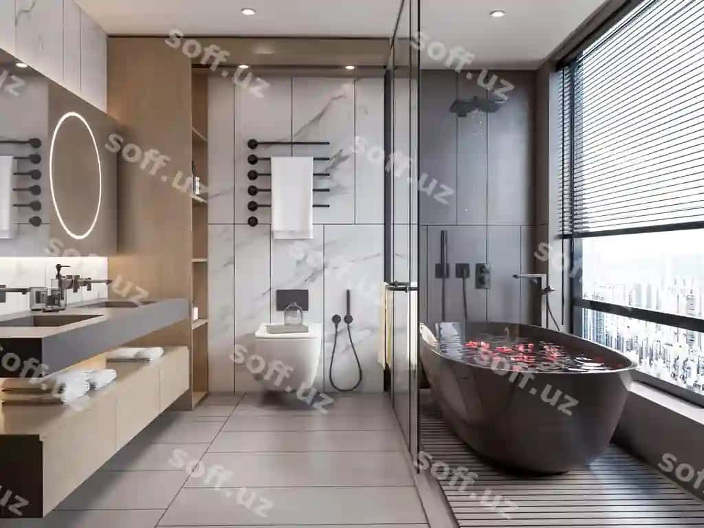 3d render boylik va zamonaviy hammom dizayni marble vanna va duvish bilan | 3d rendering luxurious modern bathroom design with marble bathtub shower
