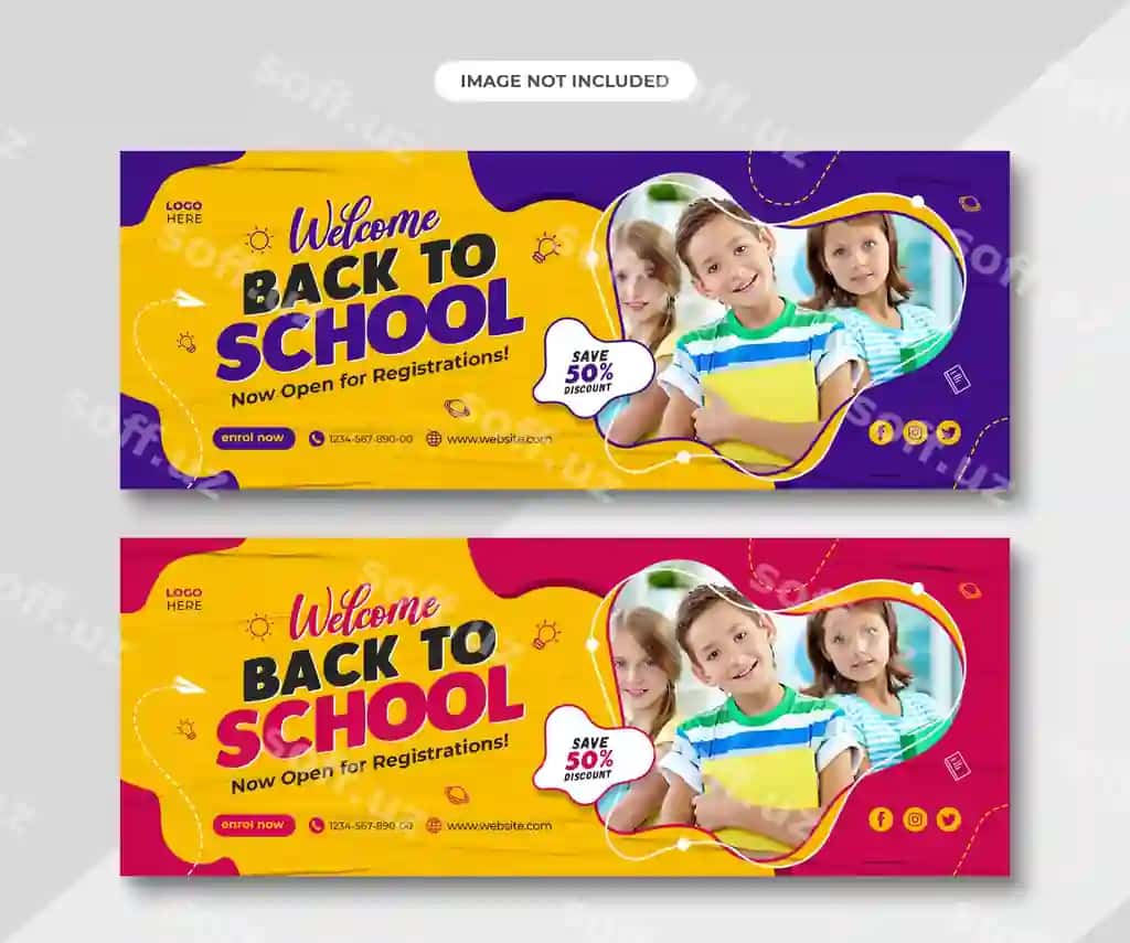 Oddiy minimal maktab qabul ta'limi gozizontal banner Facebook | Simple minimal school admission education horizontal banner facebook
