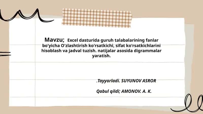 Excel dasturida guruh talabalarining fanlar bo'yicha O'zlashtirish ko'rsatkichi, sifat ko'rsatkichlarini hisoblash va jadval tuzish.