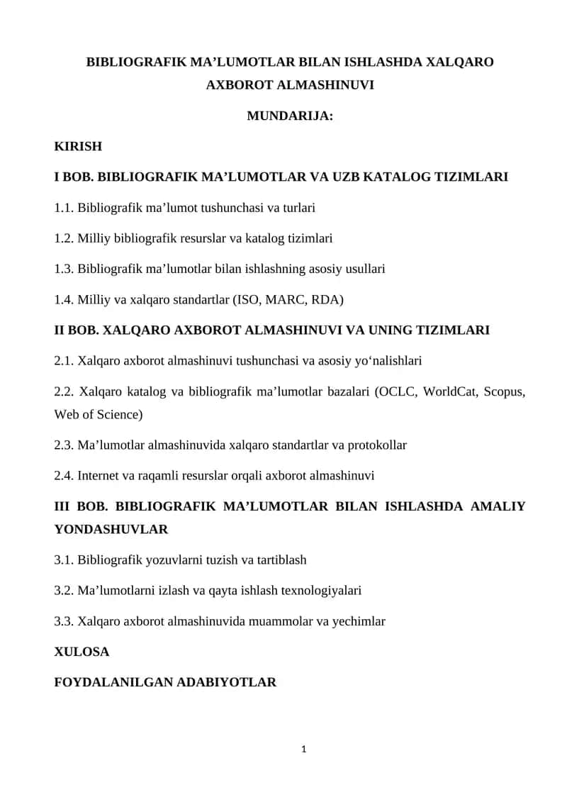 Bibliografik Ma'lumotlar Bilan Ishlashda Xalqaro Axborot Almashinuvi