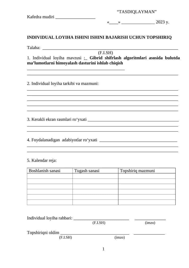 Gibrid shifrlash algoritmlari asosida bulutda ma’lumotlarni himoyalash dasturini ishlab chiqish