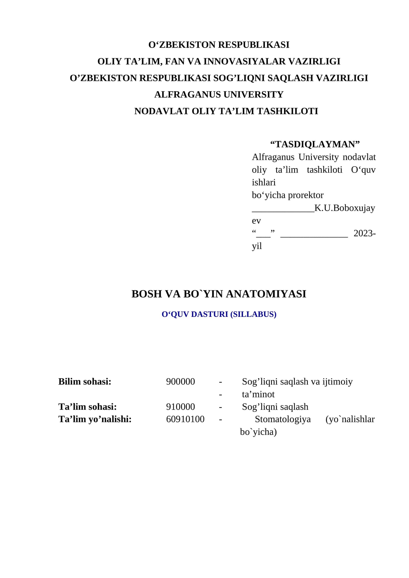 BOSH VA BO`YIN ANATOMIYASI O‘QUV DASTURI (SILLABUS)