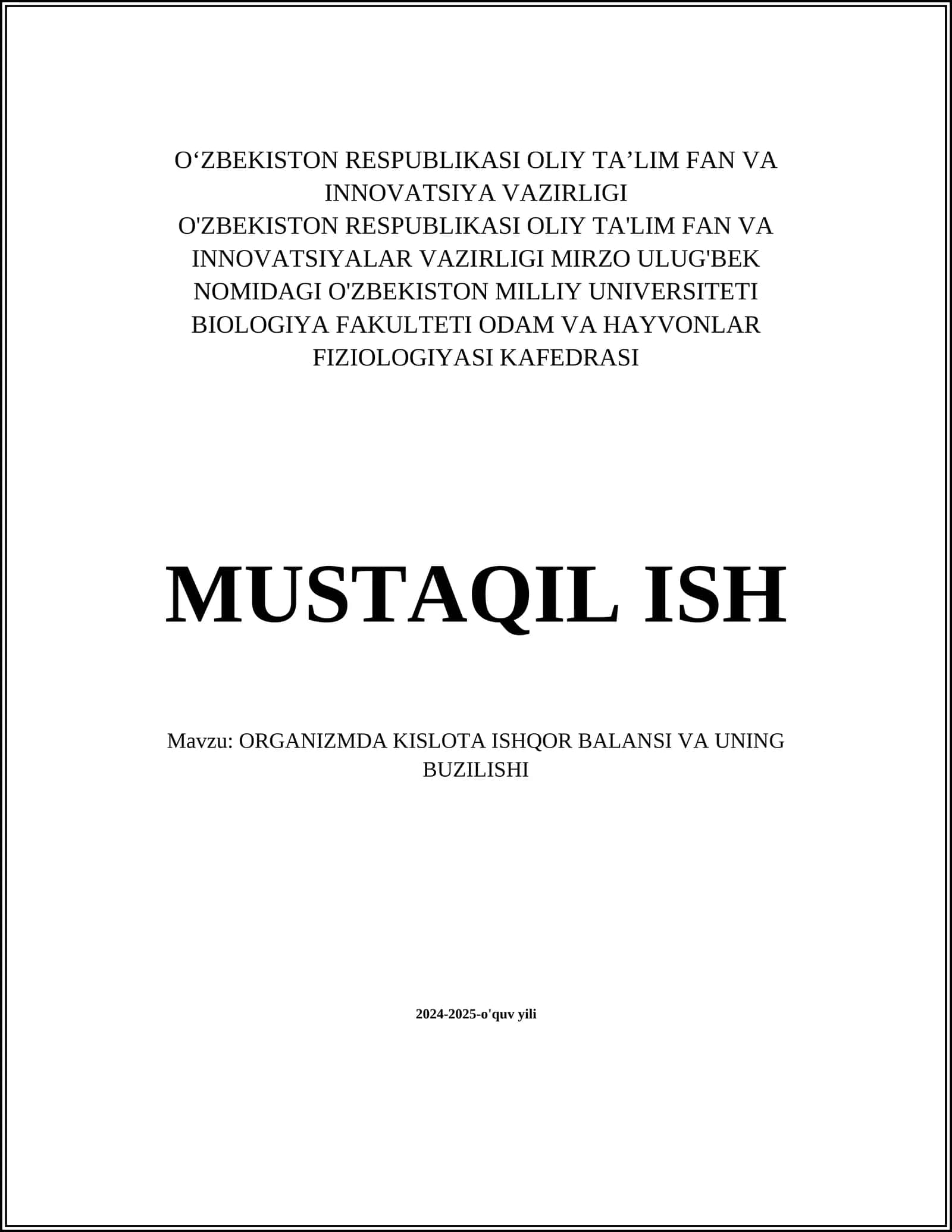 ORGANIZMDA KISLOTA ISHQOR BALANSI VA UNING BUZILISHI