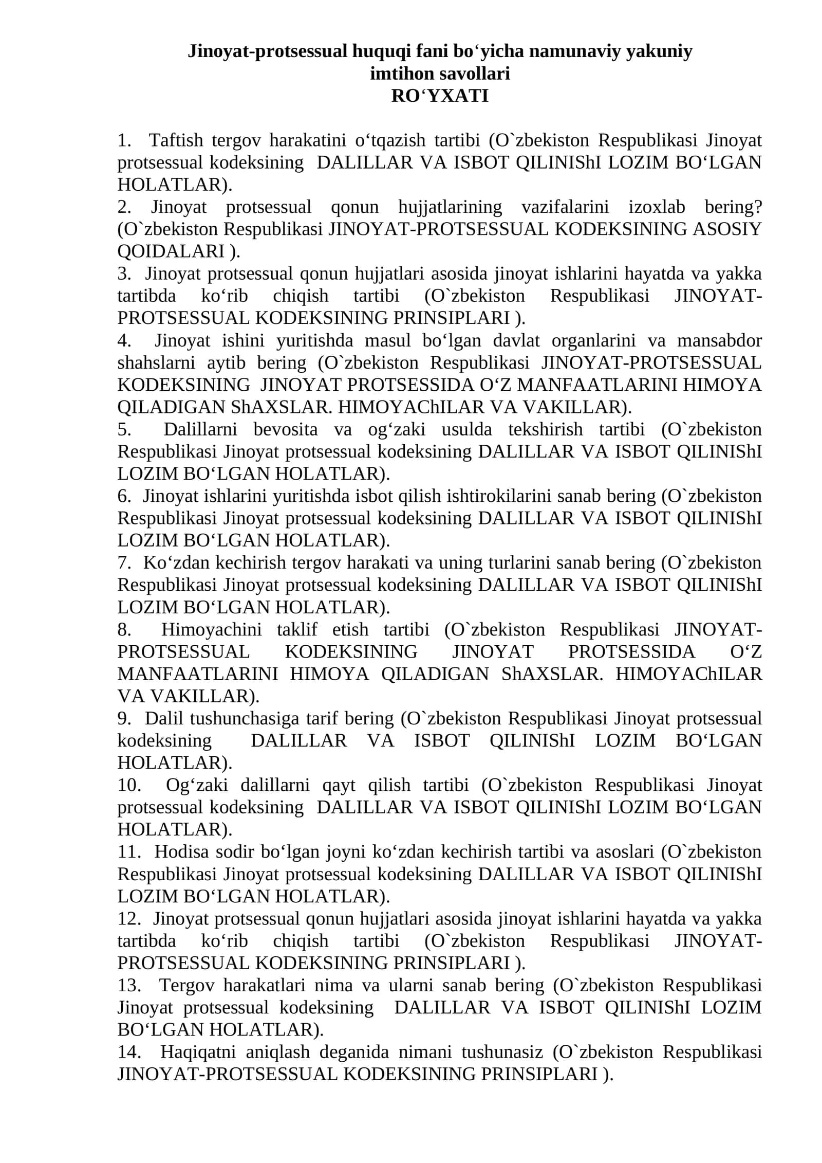 Jinoyat-protsessual huquqi fani bo‘yicha namunaviy yakuniy imtihon savollari