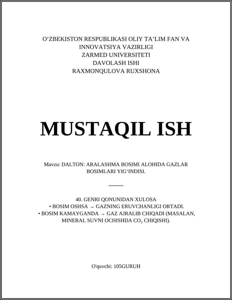 Dalton qonuni: aralashma gazlarida alohida bosim tushunchasi