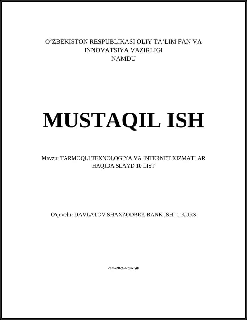 TARMOQLI TEXNOLOGIYA VA INTERNET XIZMATLAR HAQIDA SLAYD 10 LIST