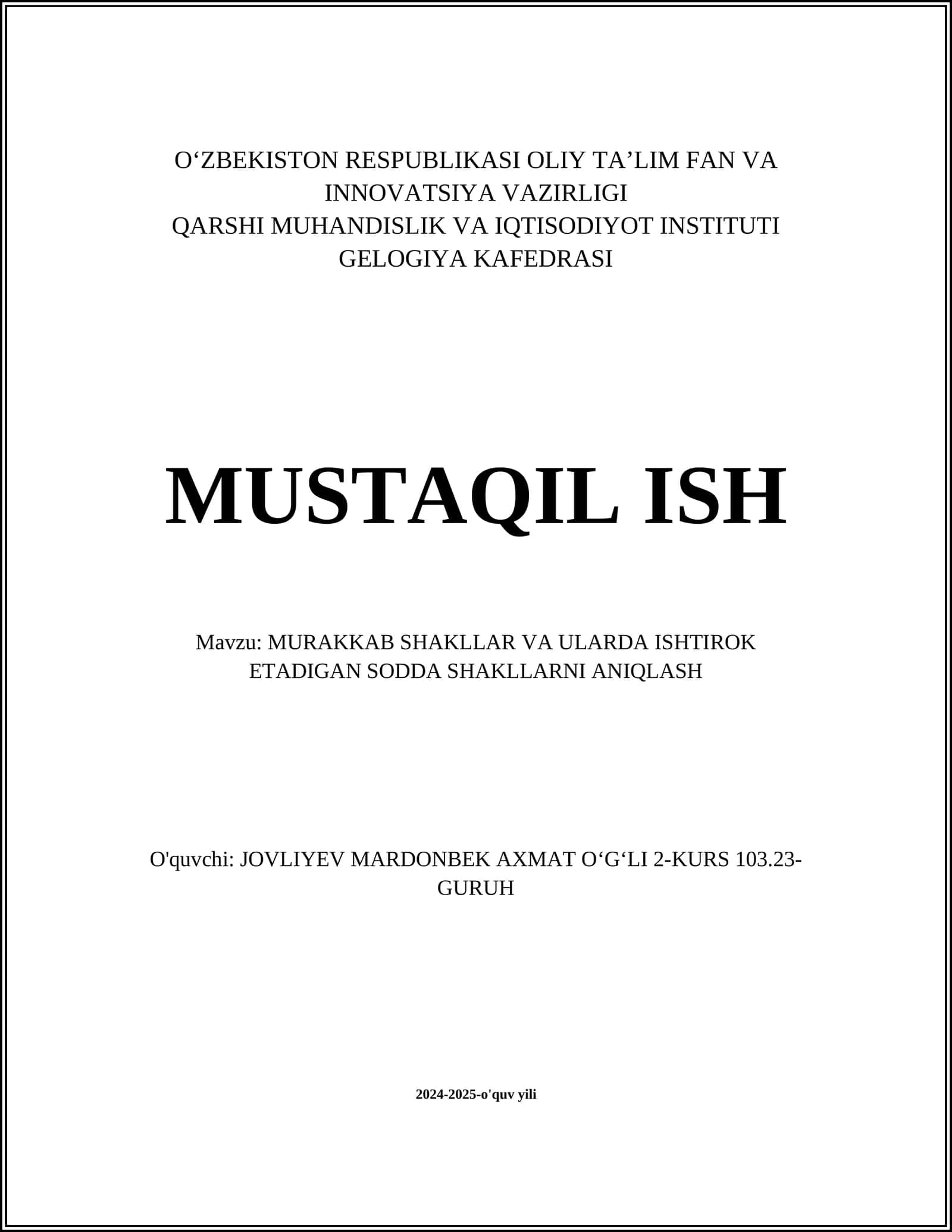 MURAKKAB SHAKLLAR VA ULARDA ISHTIROK ETADIGAN SODDA SHAKLLARNI ANIQLASH