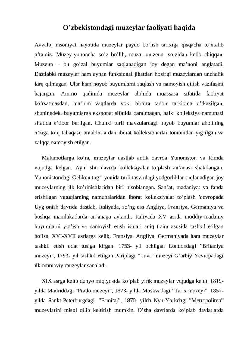 O'zbekistondagi muzeylar faoliyati haqida