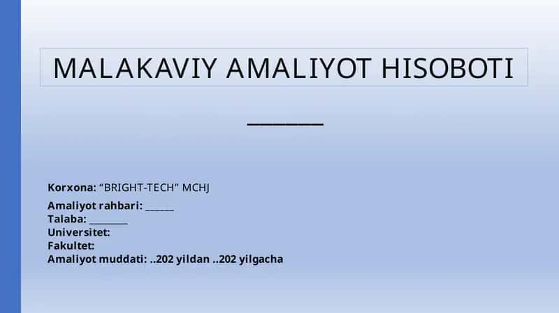 LOGISTIKA xizmatini koʻrsatuvchi mchj boʻyicha amaliyot hisoboti.
