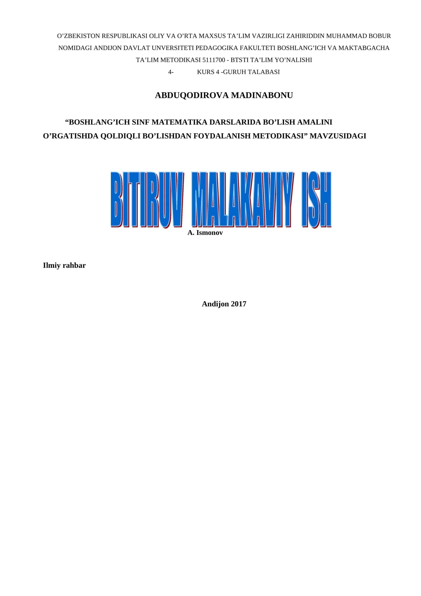 BOSHLANG’ICH SINF MATEMATIKA DARSLARIDA BO’LISH AMALINI O’RGATISHDA QOLDIQLI BO’LISHDAN FOYDALANISH METODIKASI