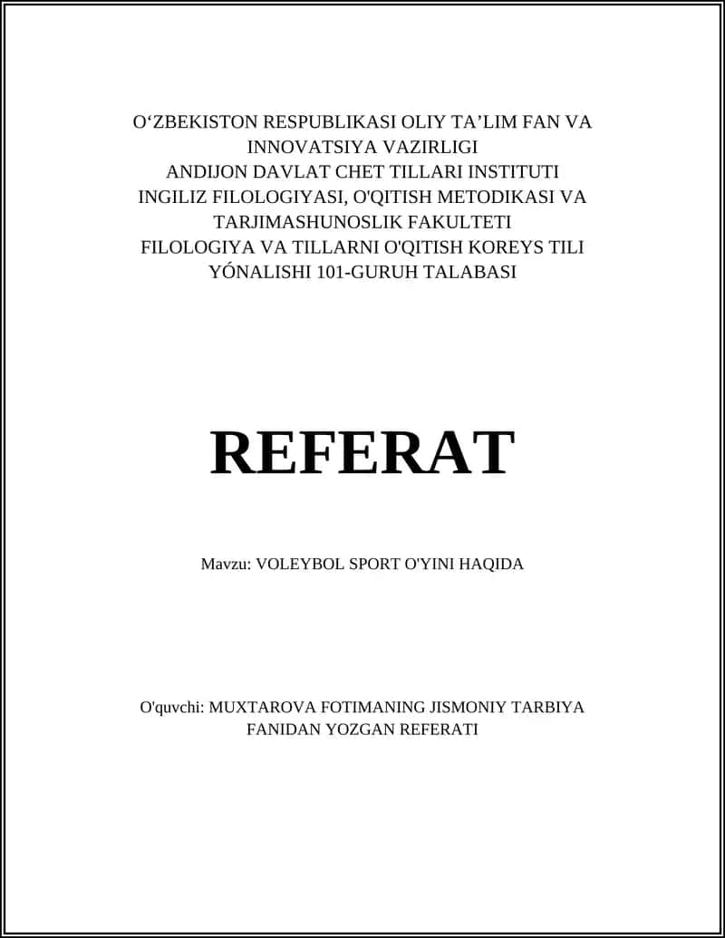 VOLEYBOL SPORT O'YINI HAQIDA