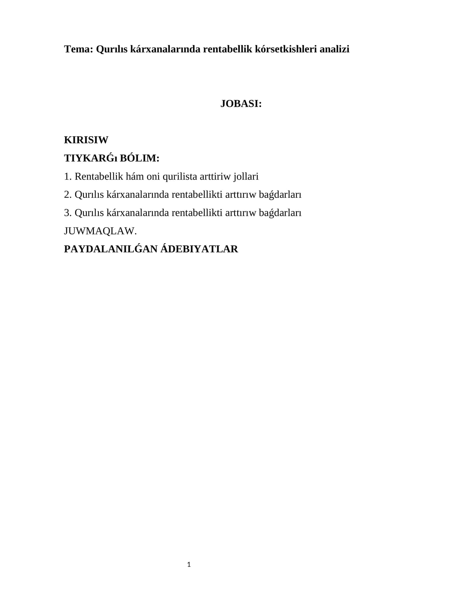 Qurılıs kárxanalarında rentabellik kórsetkishleri analizi