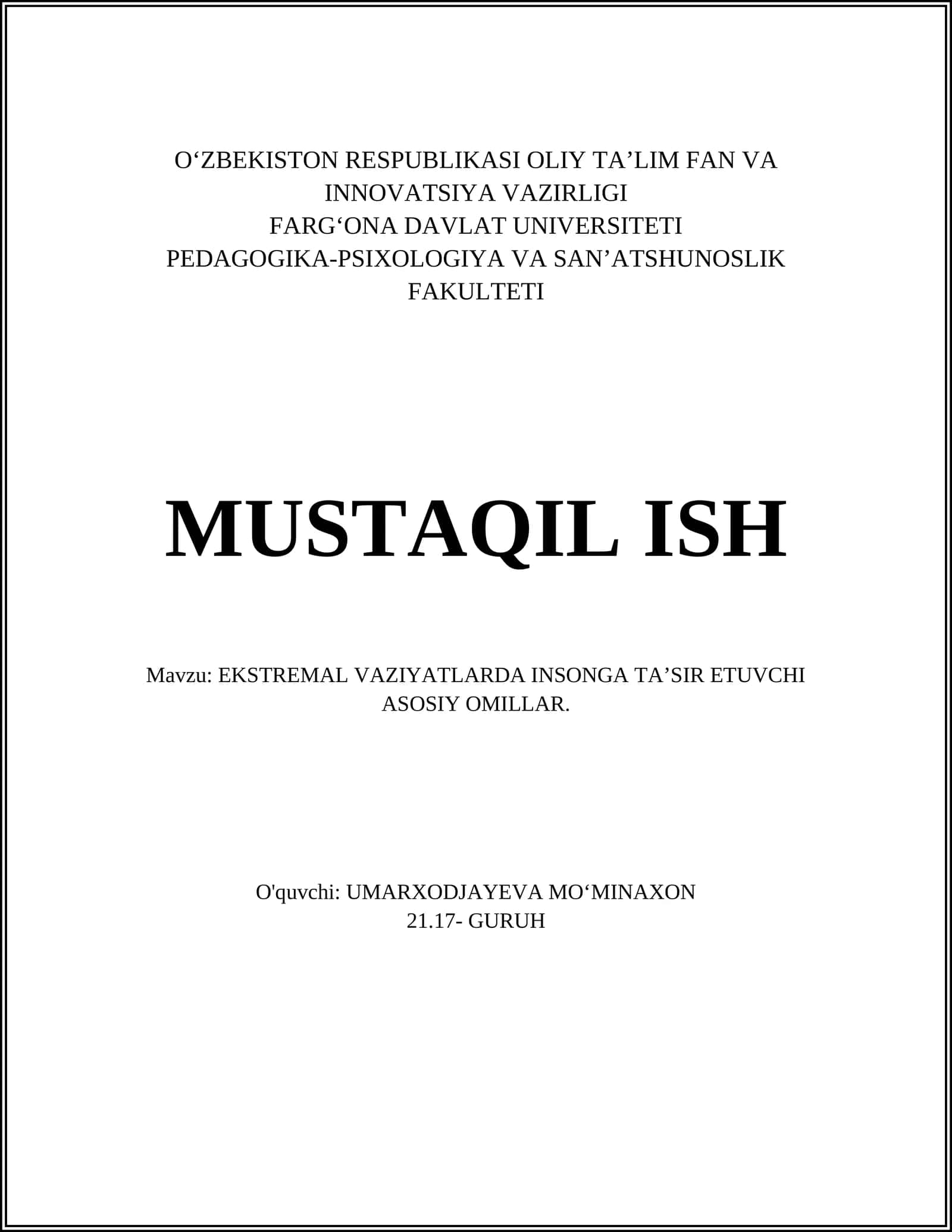 EKSTREMAL VAZIYATLARDA INSONGA TA’SIR ETUVCHI ASOSIY OMILLAR