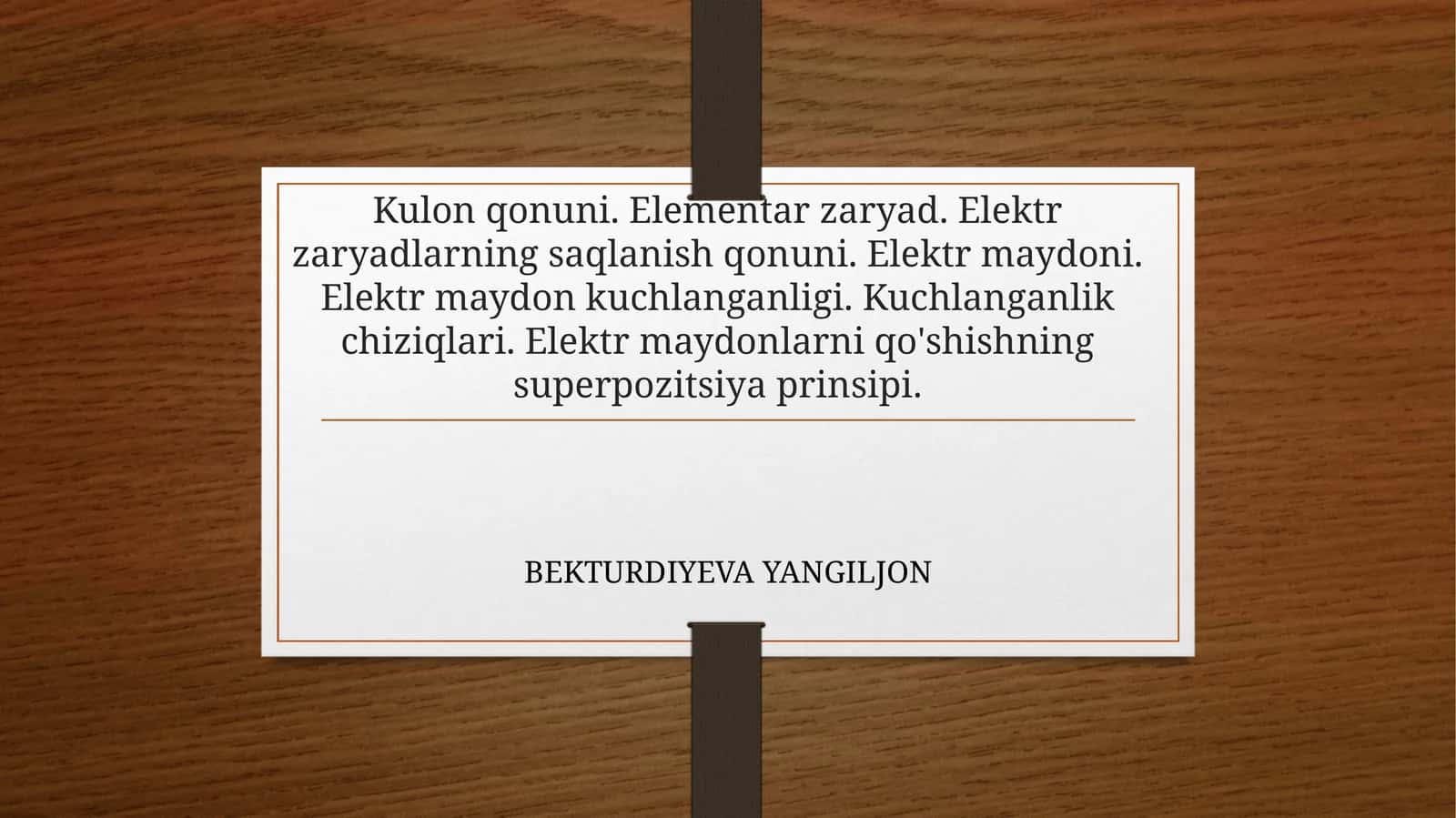 Kulonqonuni. Elementar zaryad. Elektr zaryadlarning saqlanish qonuni. Elektr maydoni. Elektr maydon kuchlanganligi. Kuchlanganlik chiziqlari. Elektr maydonlarni qo'shishning superpozitsiya prinsipi