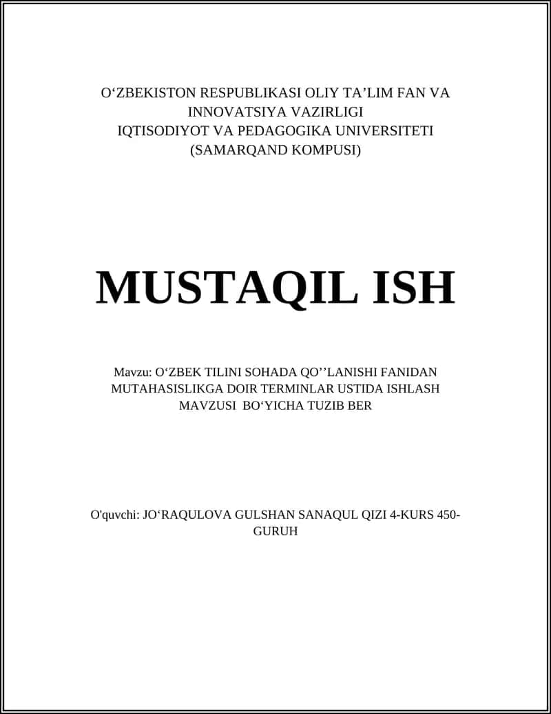 Oʻzbek Tilini Sohada Qoʼʼlanishi Fanidan Mutahasislikga Doir Terminlar