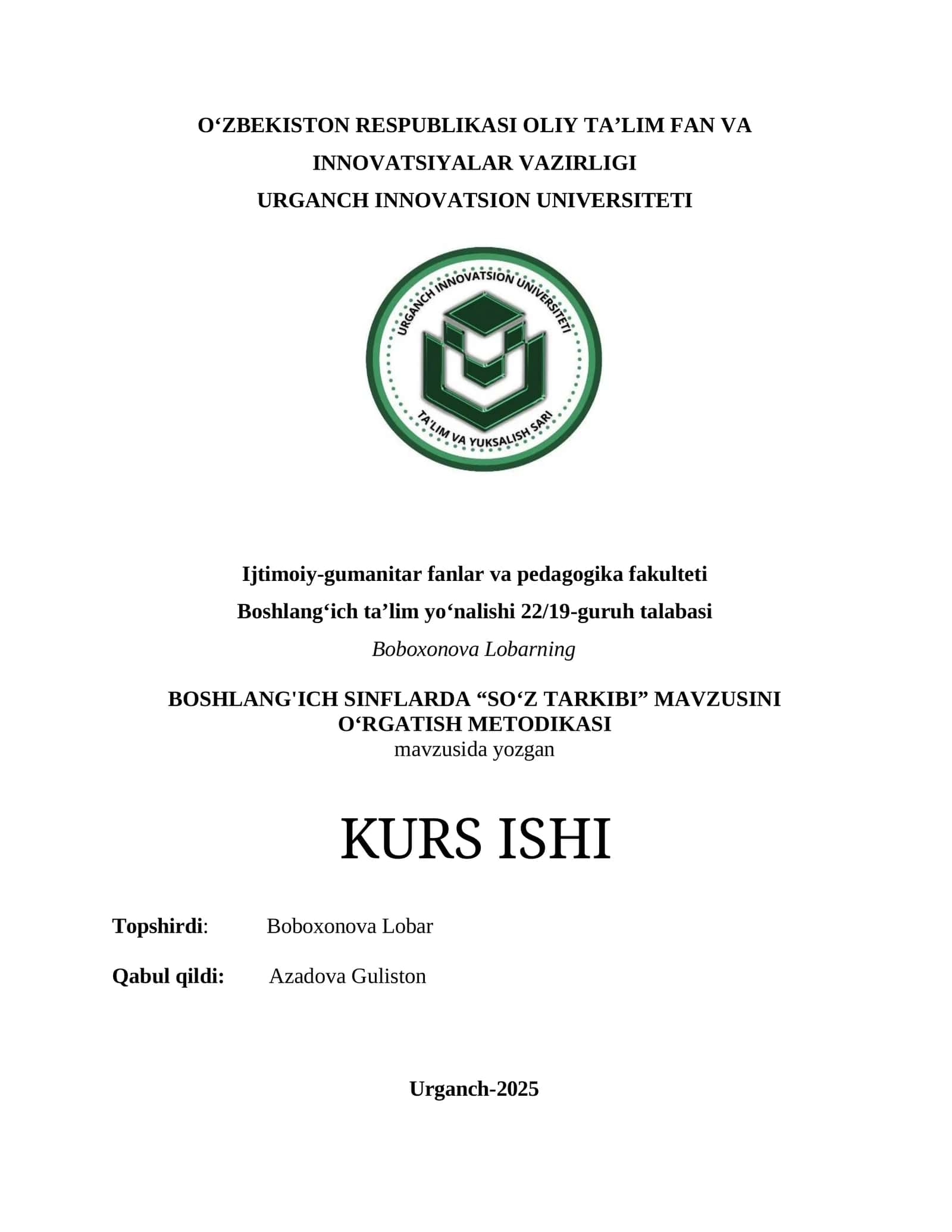 BOSHLANG'ICH SINFLARDA “SO‘Z TARKIBI” MAVZUSINI O‘RGATISH METODIKASI