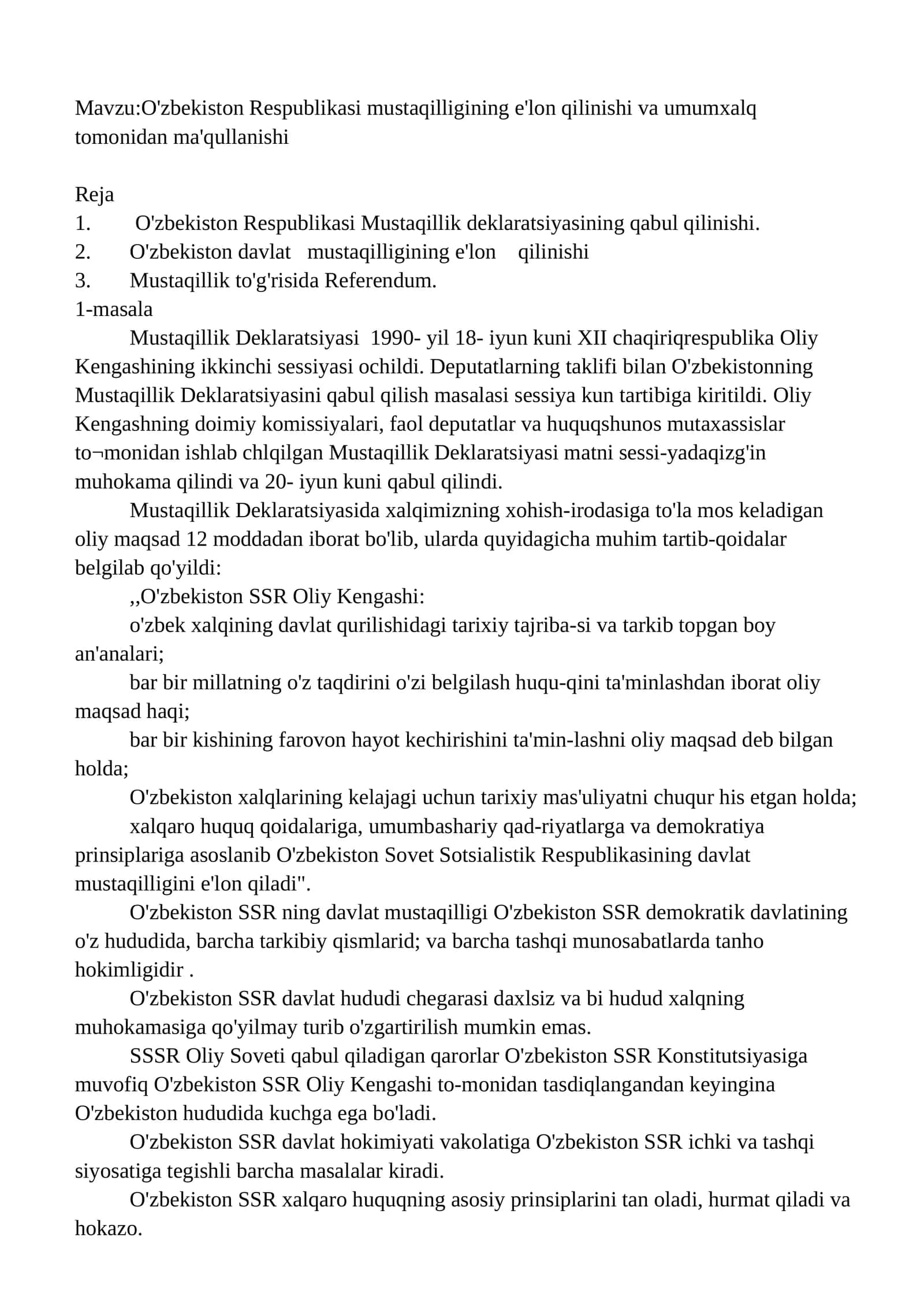 O'zbekiston Respublikasi Mustaqillik Deklaratsiyasi