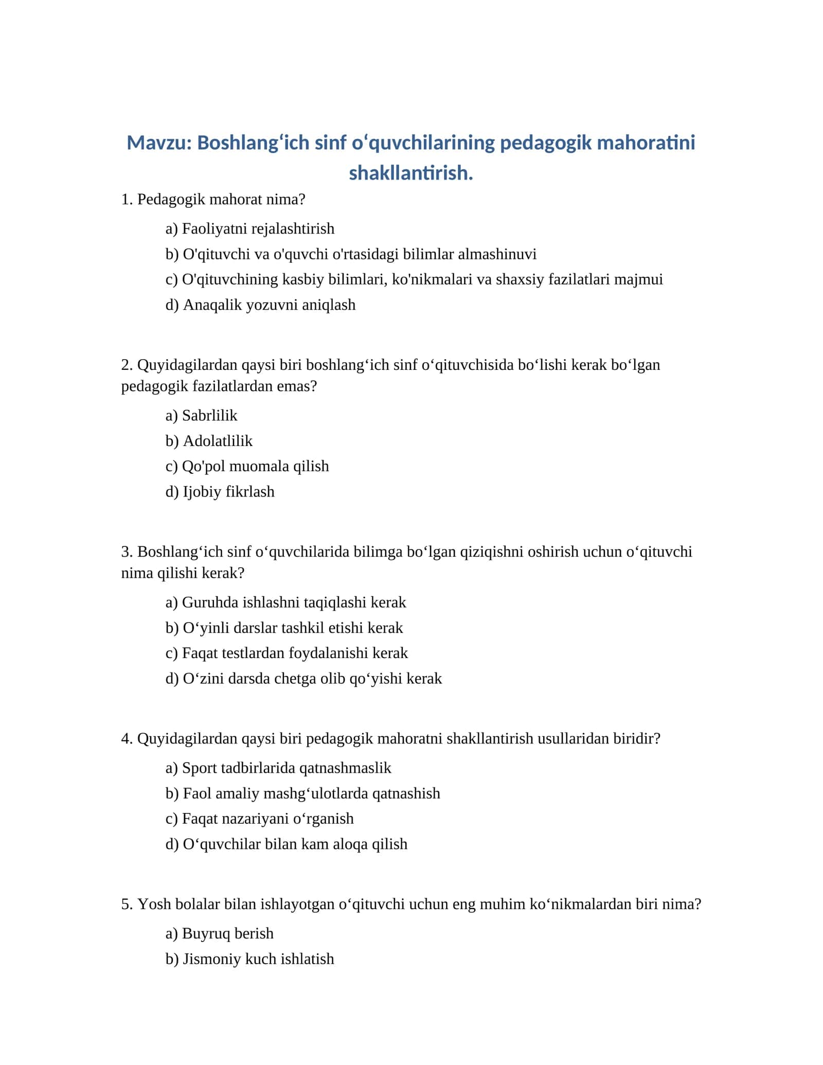 Boshlangʻich sinf oʻquvchilarining pedagogik mahoratini shakllantirish