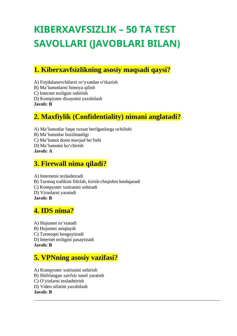 Kiberxavsizlik test savollari (javoblari)