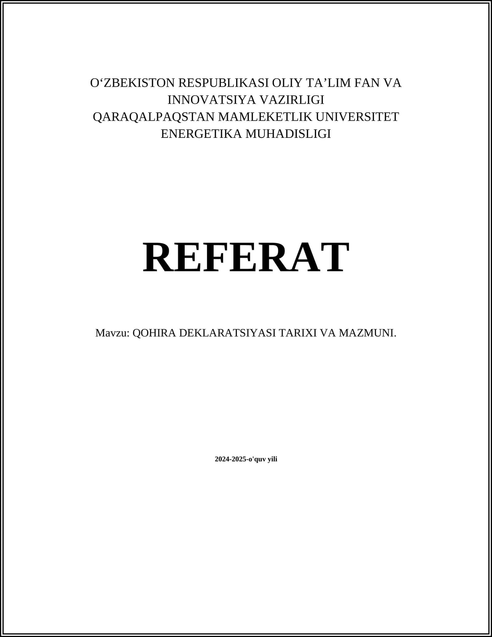 QOHIRA DEKLARATSIYASI TARIXI VA MAZMUNI
