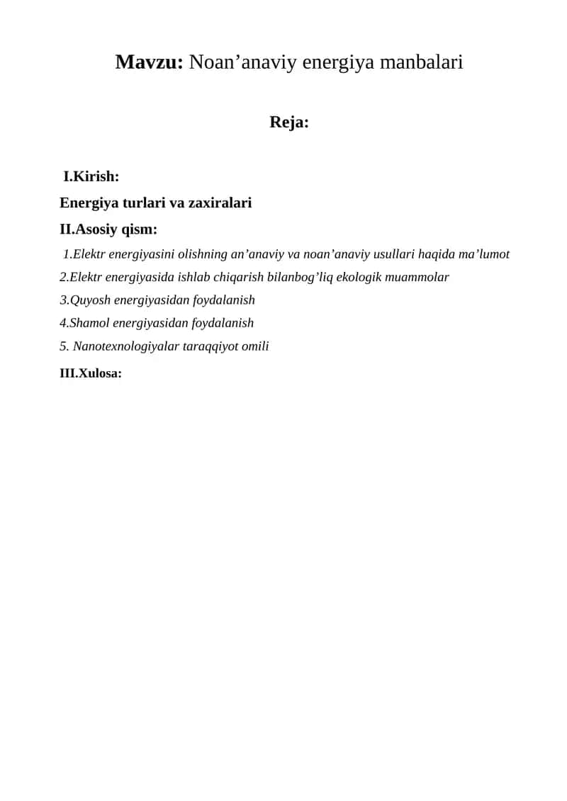 Noan’anaviy energiya manbalari kurs ishi