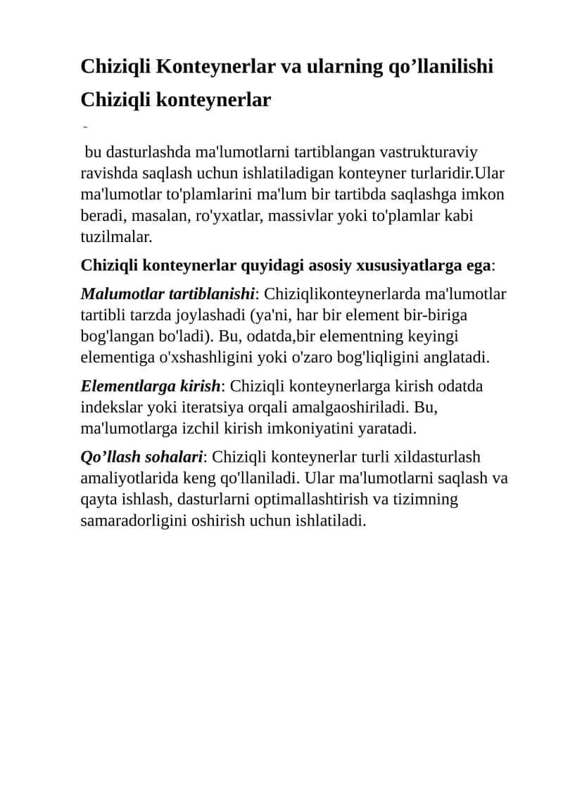 Chiziqli Konteynerlar va ularning qo’llanilishi