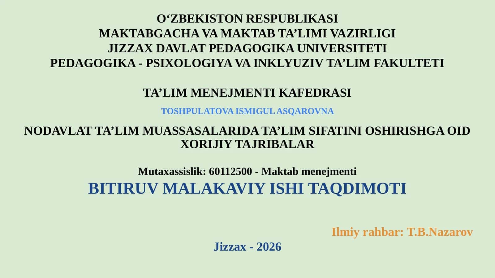 NODAVLAT TA’LIM MUASSASALARIDA TA’LIM SIFATINI OCHIRISHNING NAZARIY ASOSLARI
