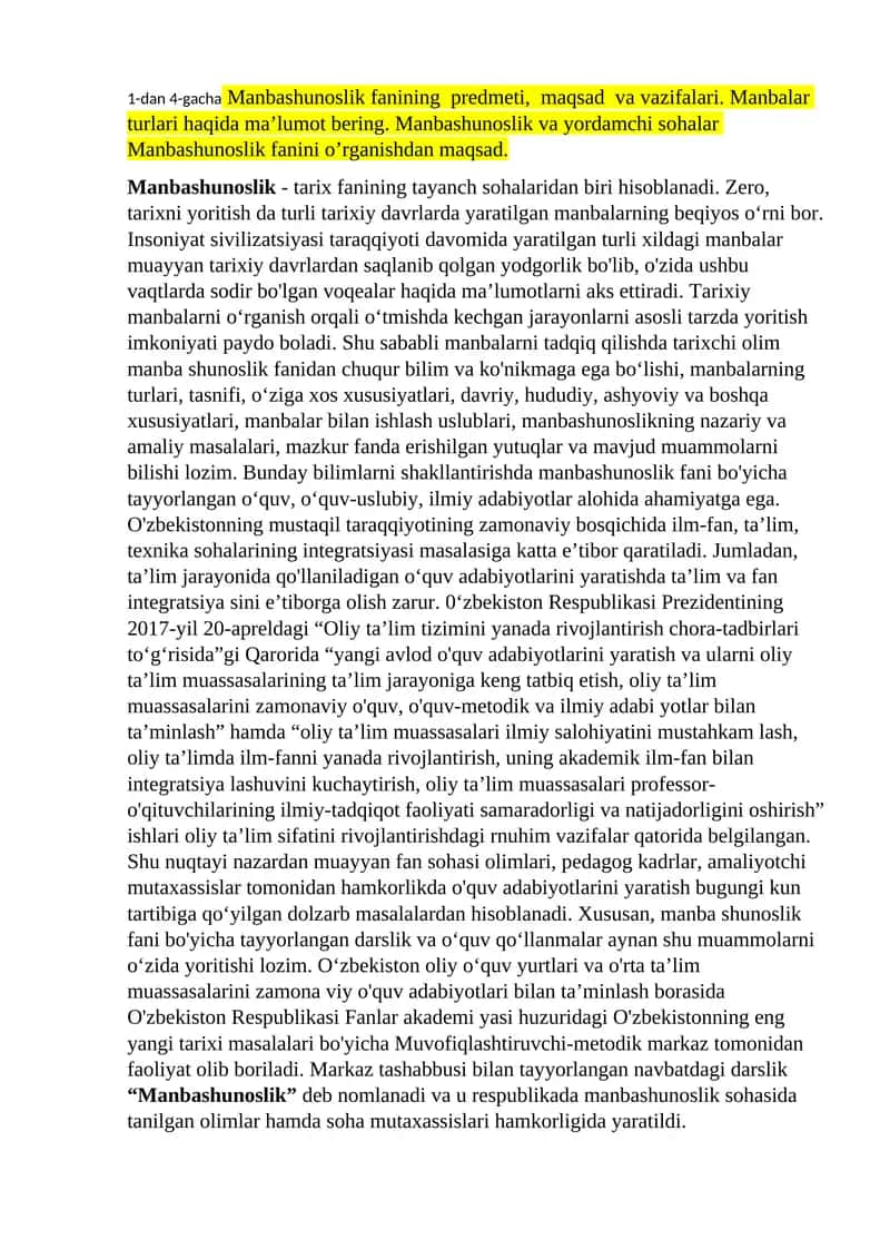 Manbashunoslik faninidan yakuniy imtohon savollariga javoblar