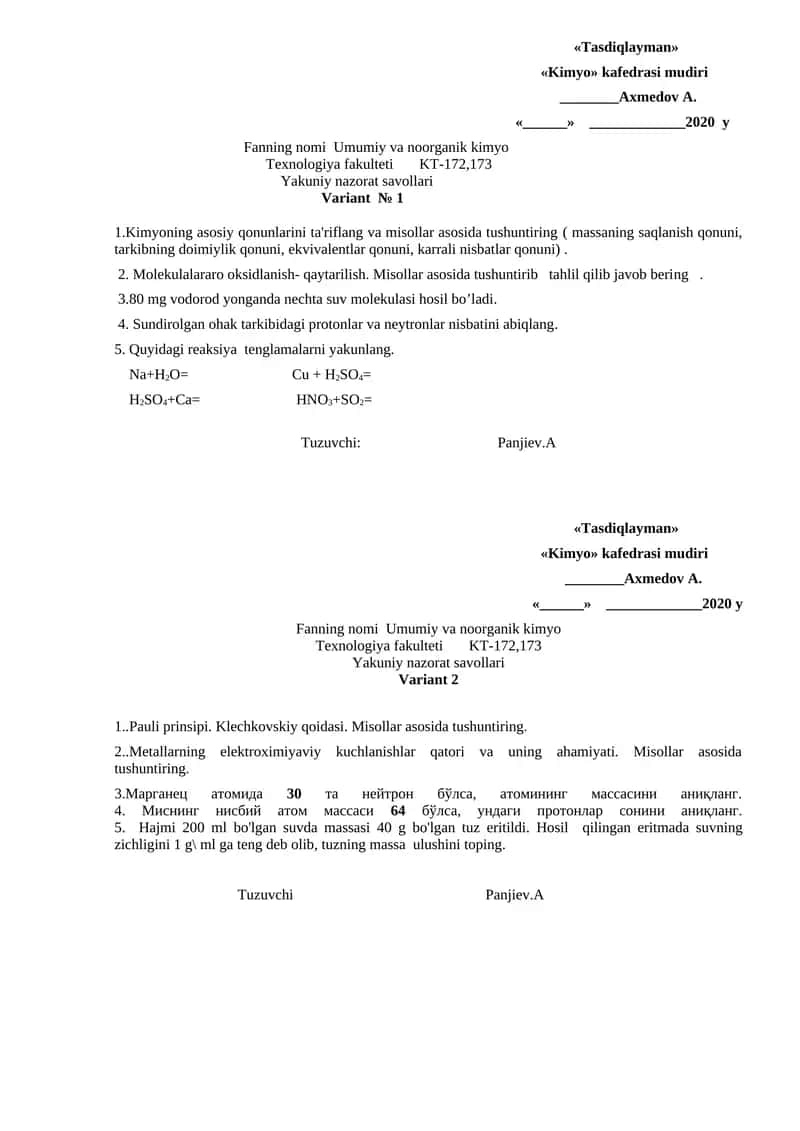 Umumiy va noorganik kimyo nazorat savollari