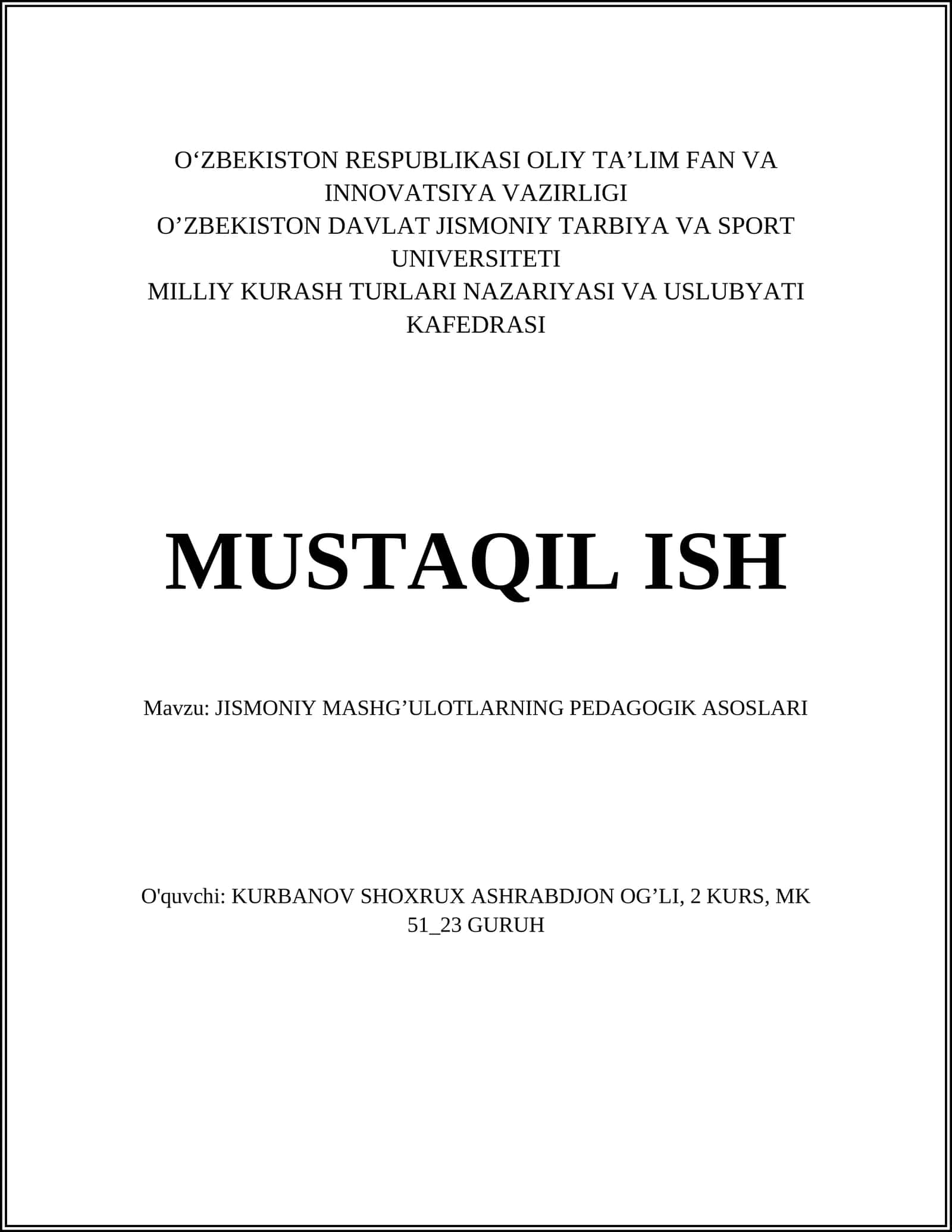 JISMONIY MASHG’ULOTLARNING PEDAGOGIK ASOSLARI