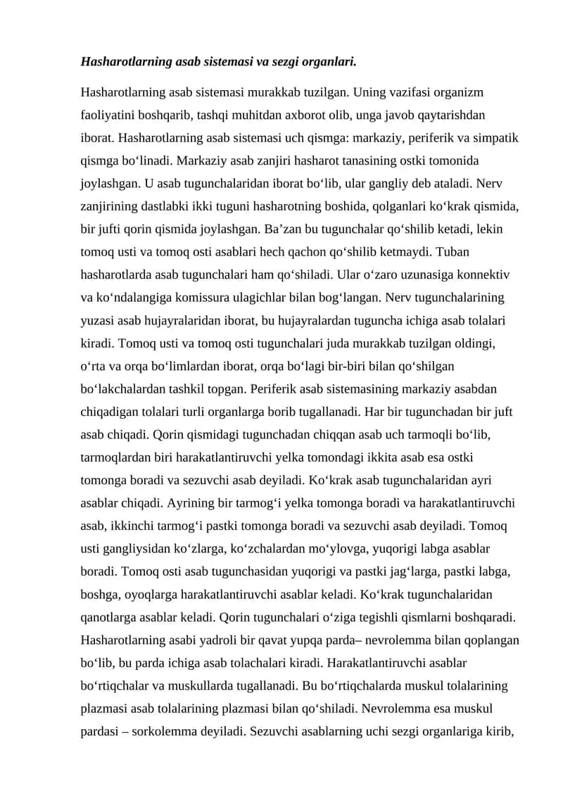 Hasharotlarning asab sistemasi va sezgi organlari.