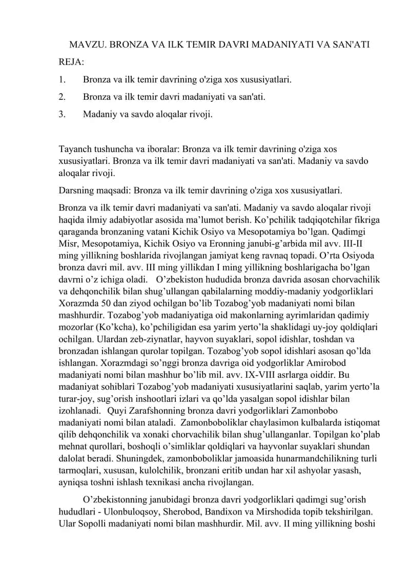 BRONZA VA ILK TEMIR DAVRI MADANIYATI VA SAN'ATI