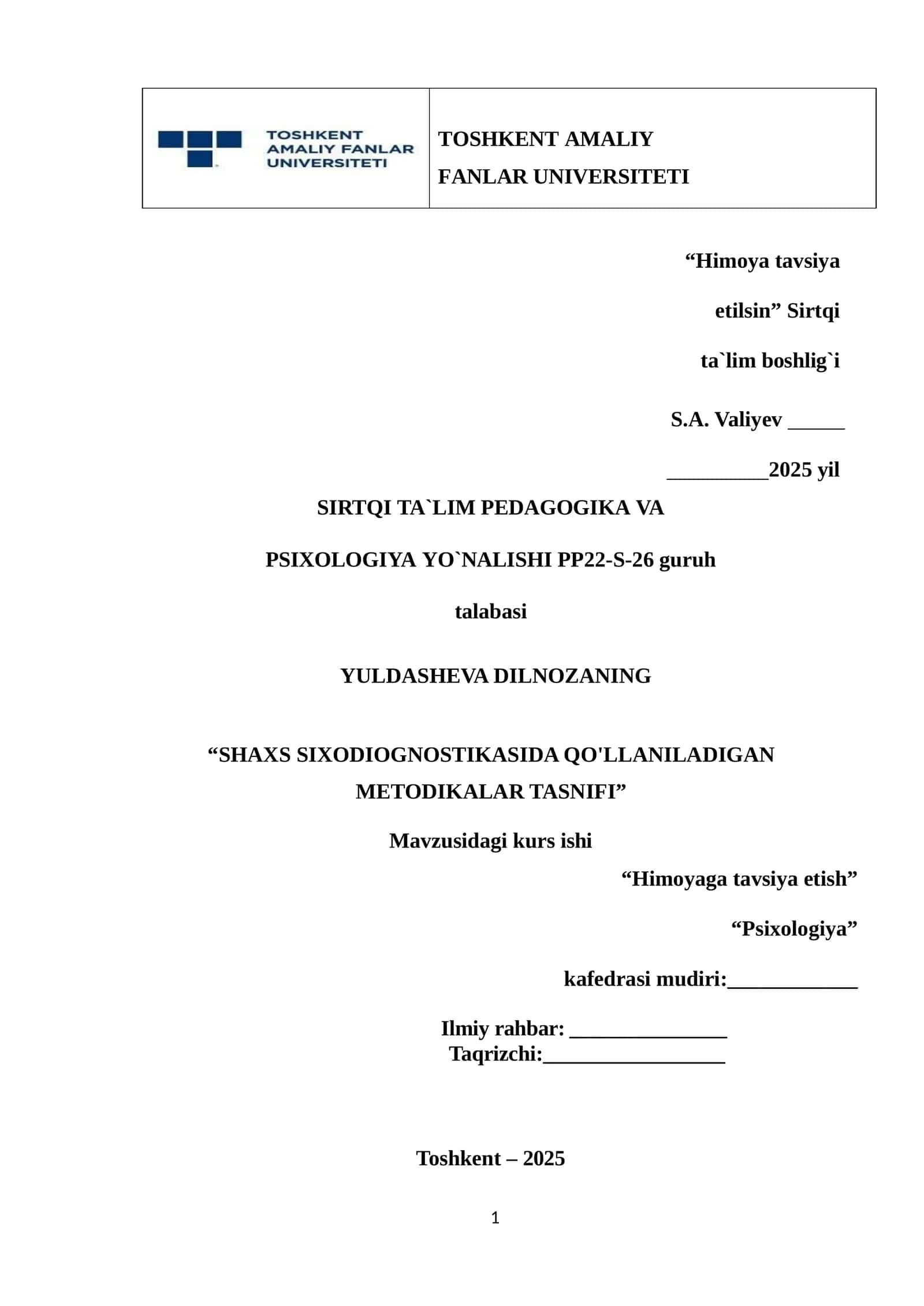 SHAXS SIXODIOGNOSTIKASIDA QO'LLANILADIGAN METODIKALAR TASNIFI