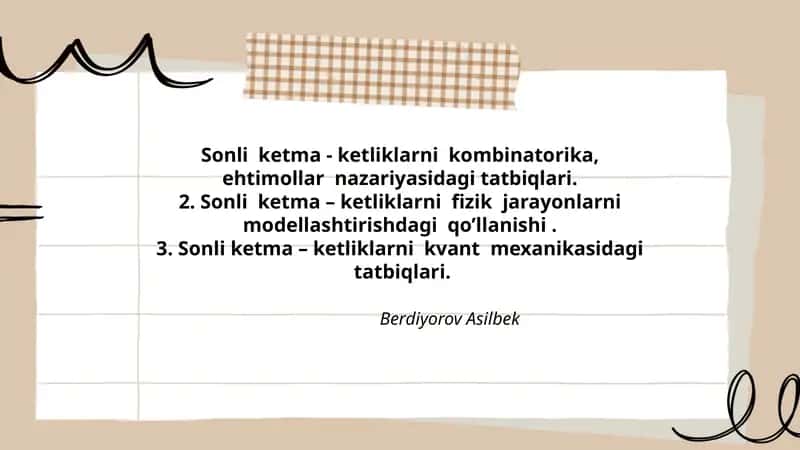Sonli ketma - ketliklarni kombinatorika, ehtimollar nazariyasidagi tatbiqlari