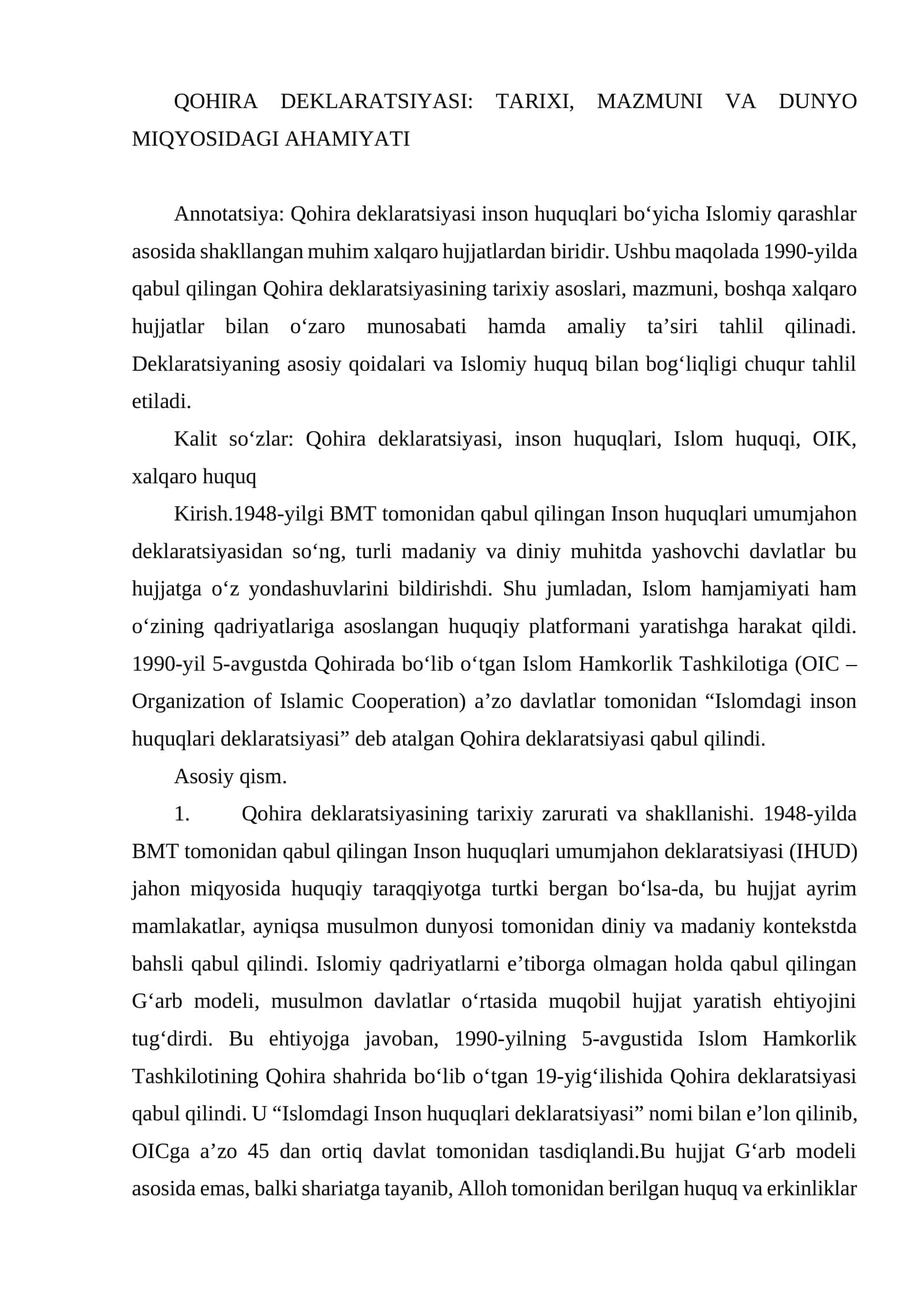 Qohira Deklaratsiyasi: Tarixi, Mazmuni va Dunyo Miqyosidagi Ahamiyati