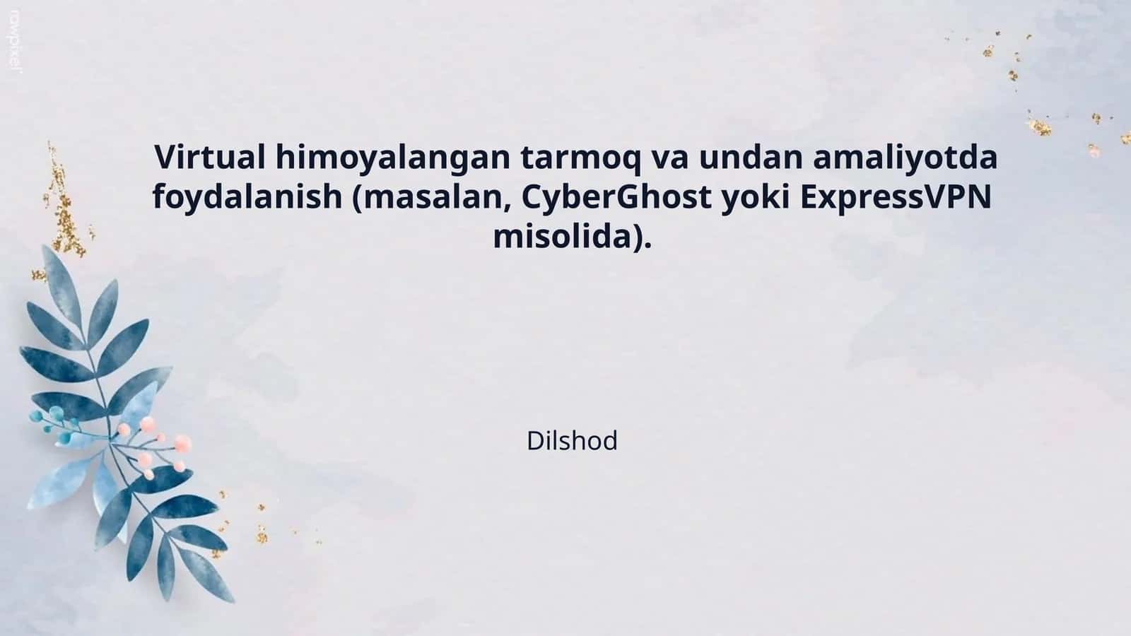 Virtual himoyalangan tarmoq va undan amaliyotda foydalanish (masalan, CyberGhost yoki ExpressVPN misolida).