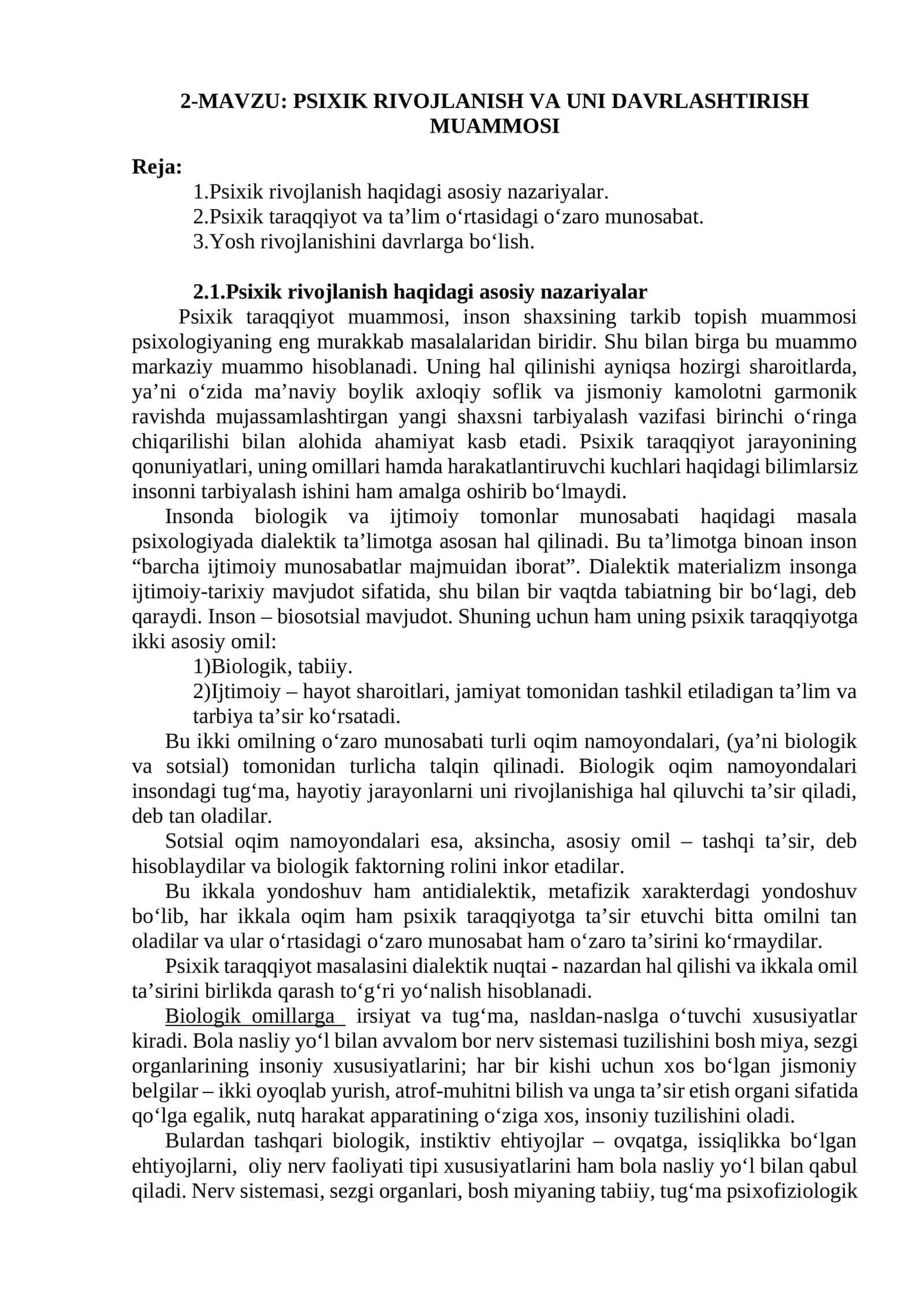 PSIXIK RIVOJLANISH VA UNI DAVRLASHTIRISH MUAMMOSI