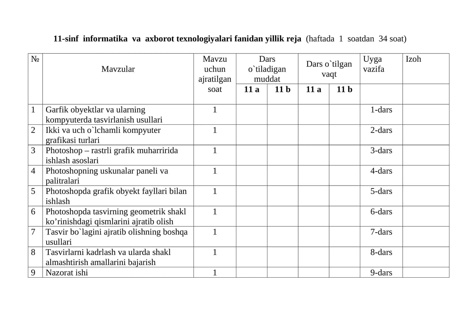 11-sinf informatika va axborot texnologiyalari fanidan yillik reja (haftada 1 soatdan 34 soat)