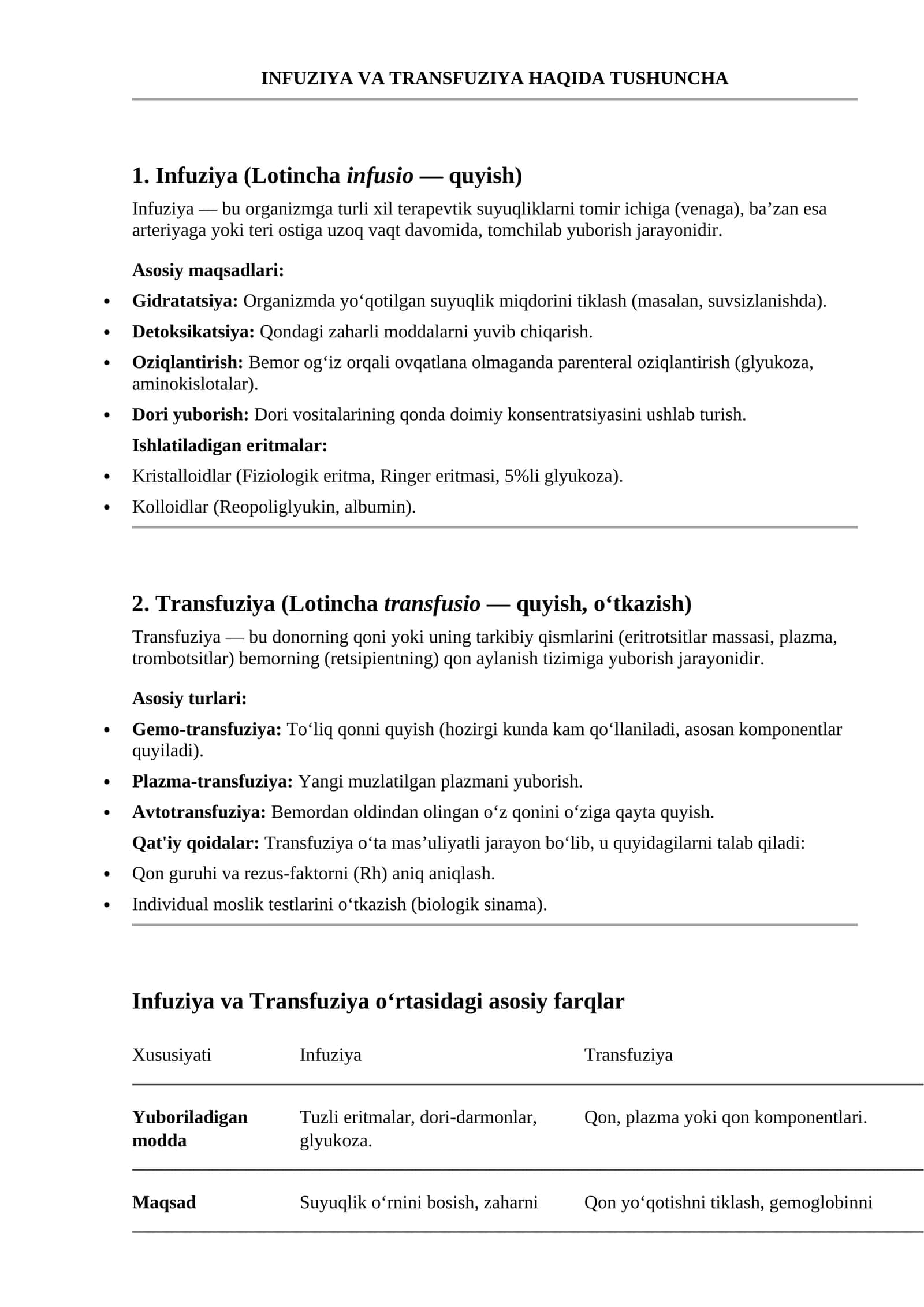 Infuziya va Transfuziya Haqida Tushuncha
