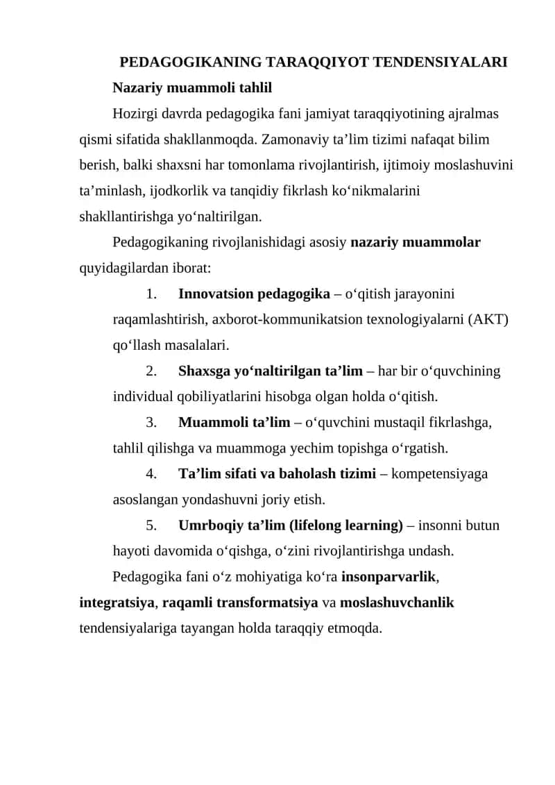 PEDAGOGIKANING TARAQQIYOT TENDENSIYALARI