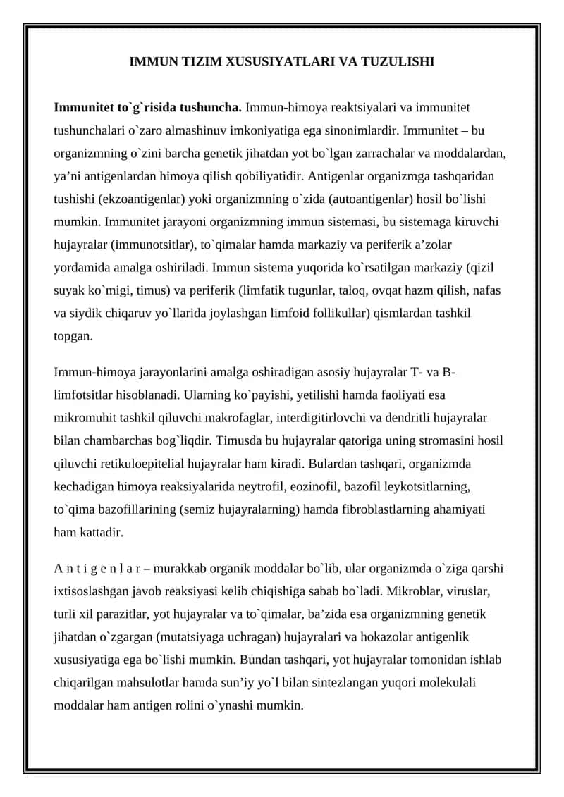 IMMUN TIZIM XUSUSIYATLARI VA TUZULISHI