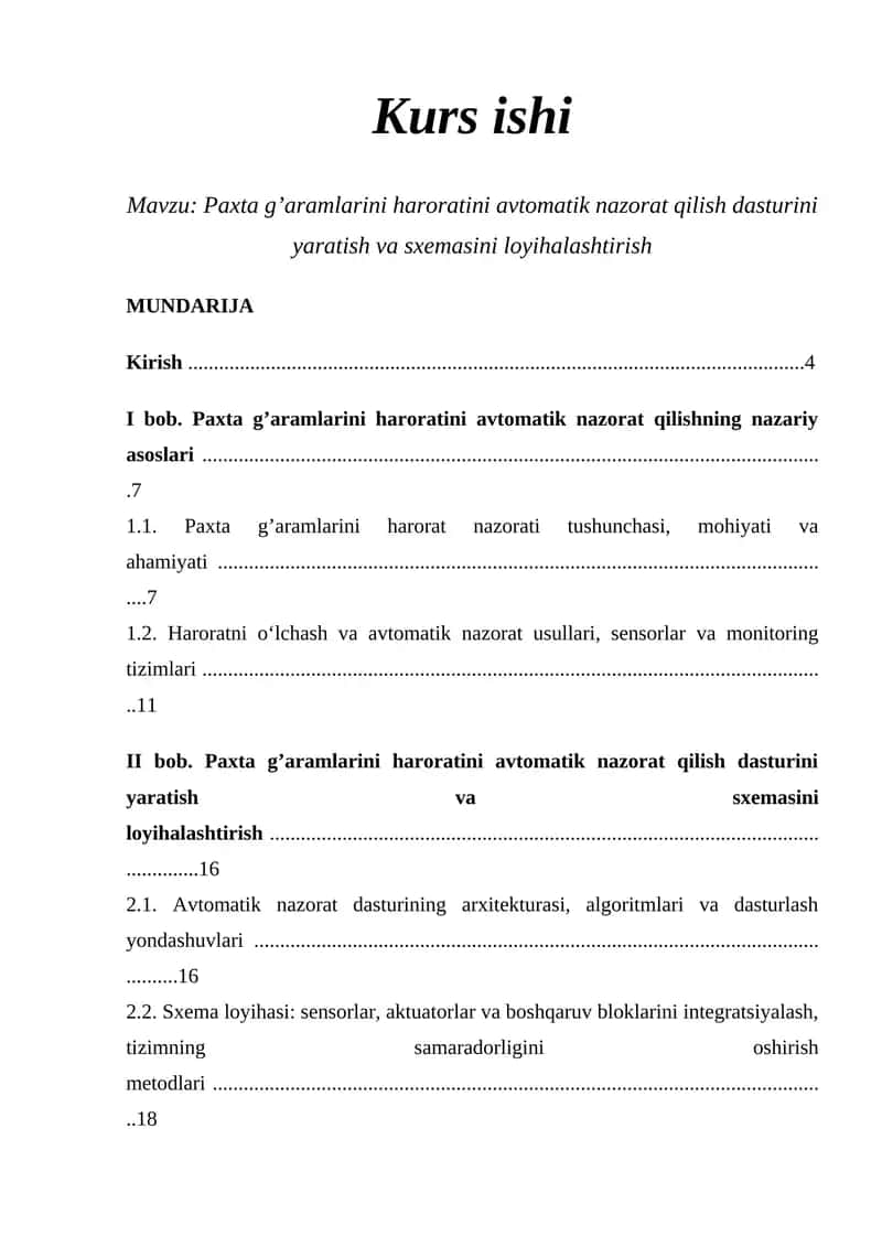 Paxta g’aramlarini haroratini avtomatik nazorat qilish dasturi