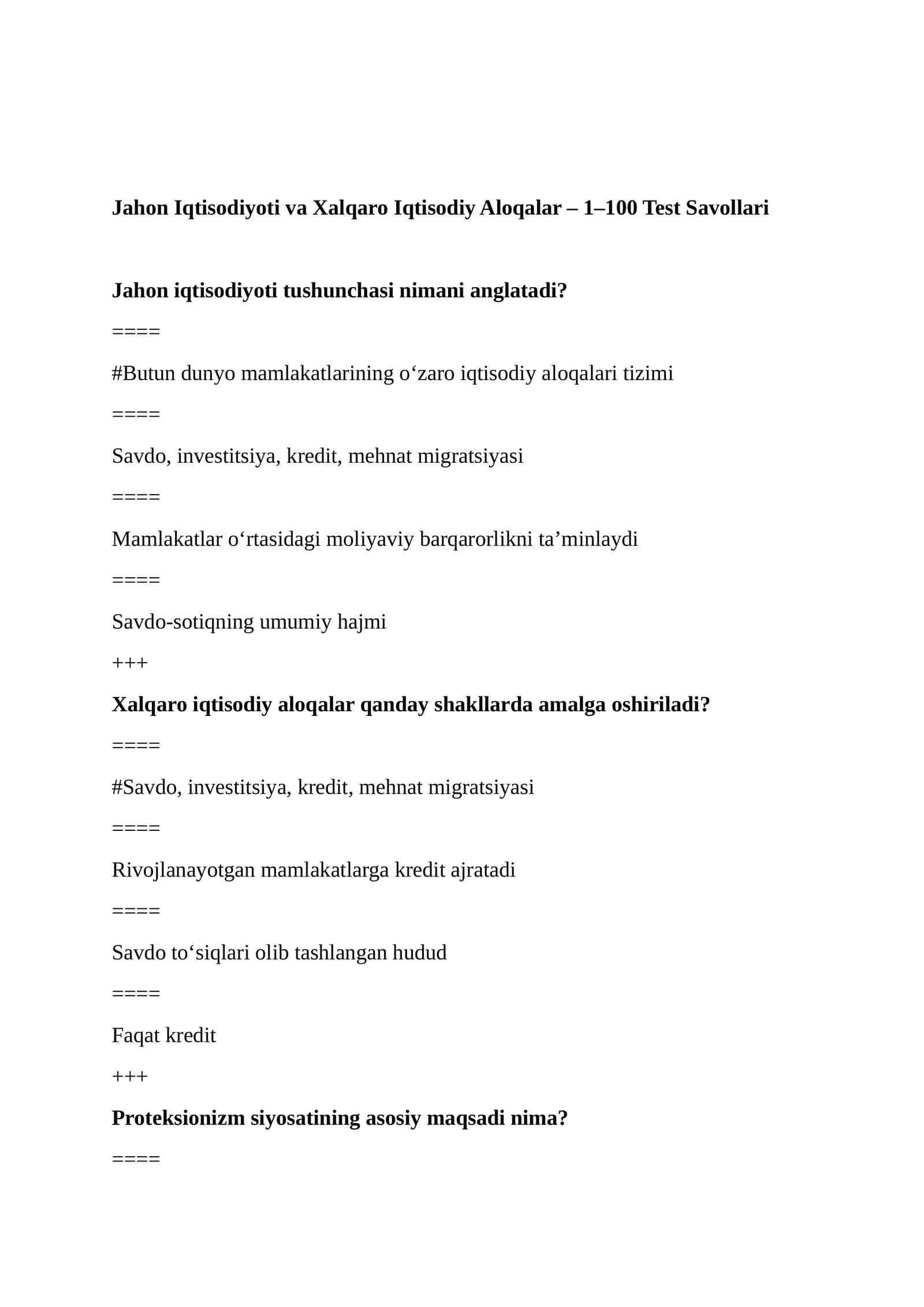 Jahon Iqtisodiyoti va Xalqaro Iqtisodiy Aloqalar – 1–100 Test Savollari